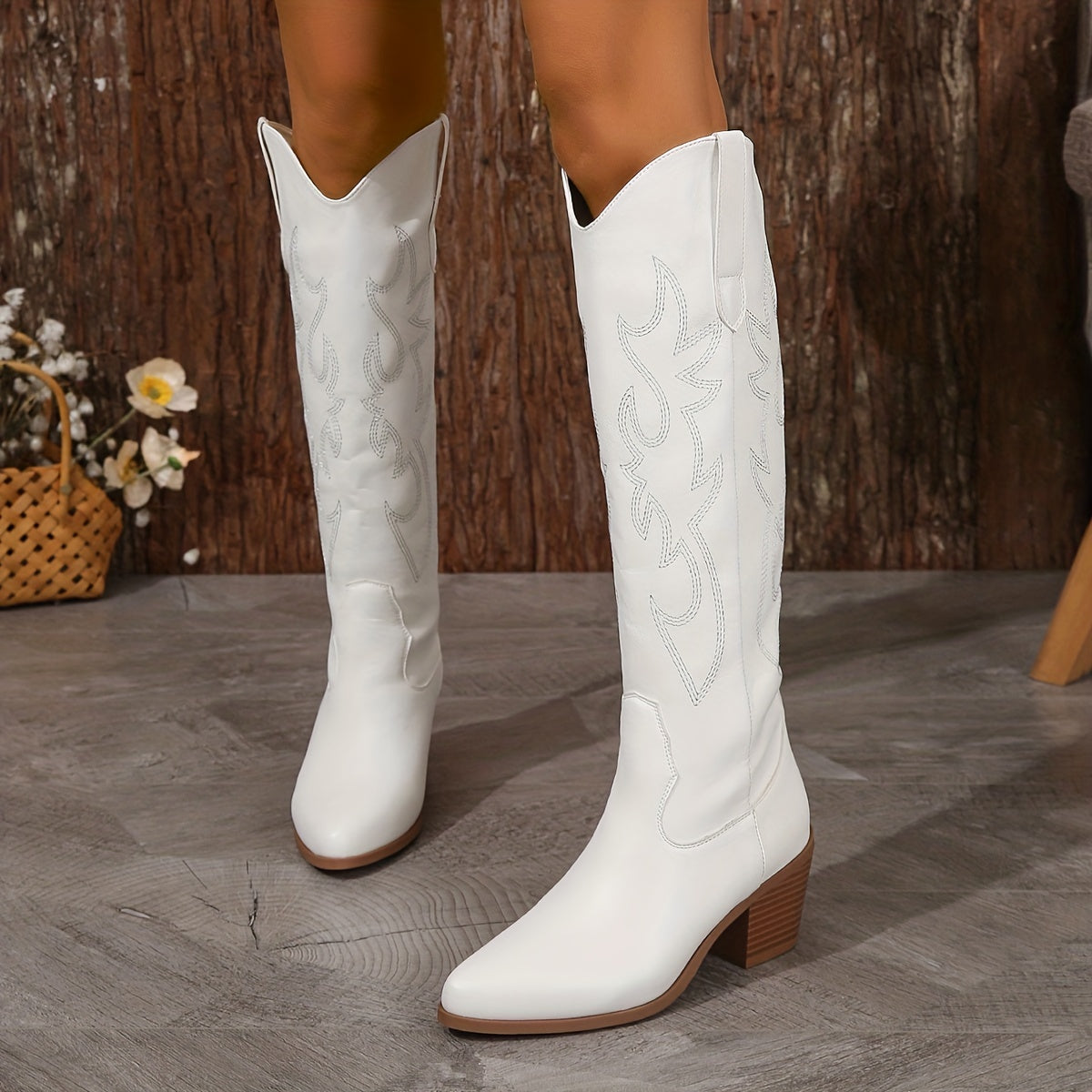 Women's White Embroidered Knee-High Western Boots Slip-On Pointed Toe