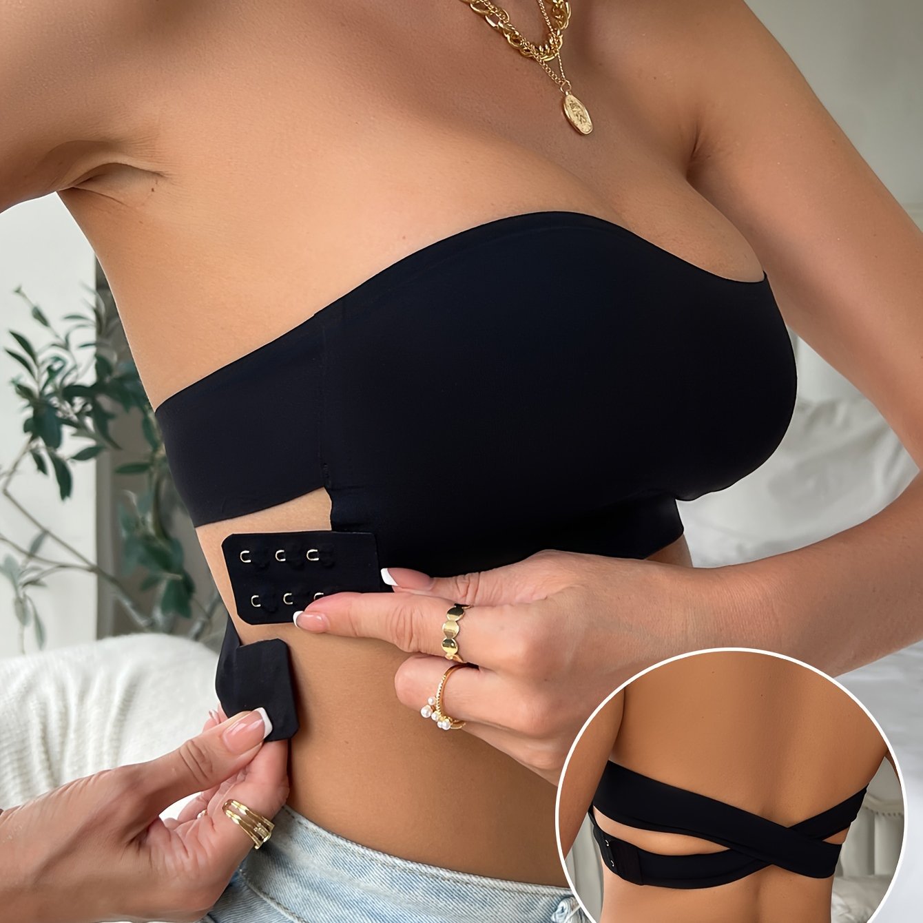 Sujetador bandeau sin costuras de color sólido para mujer con relleno extraíble