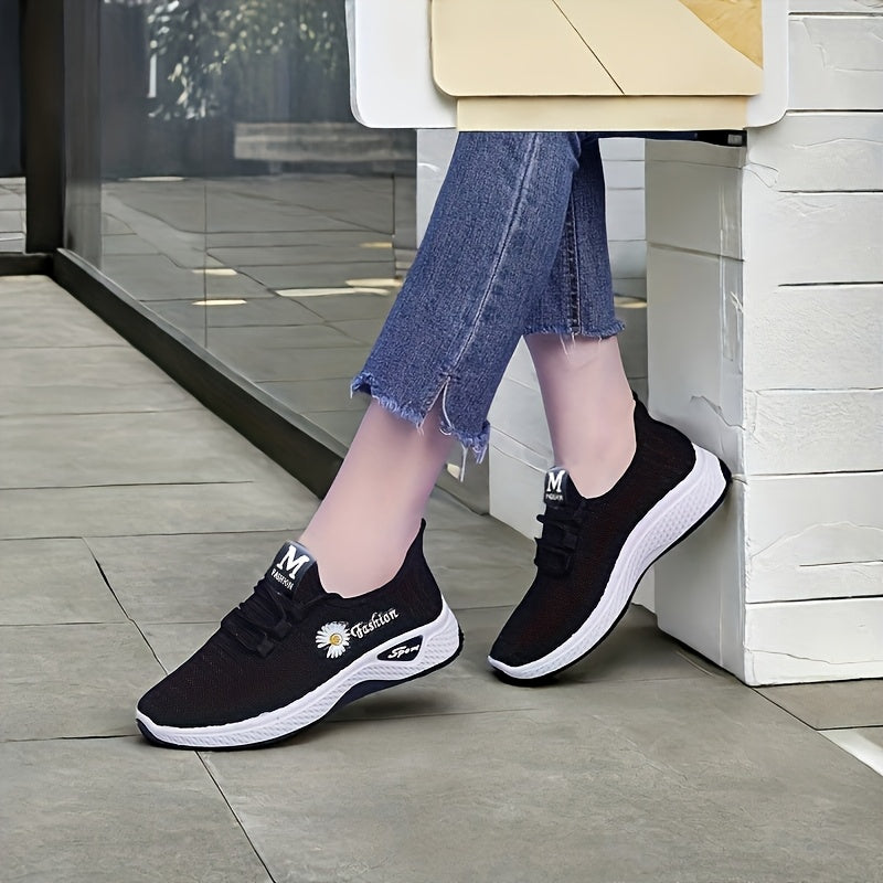 Women’s Breathable Fabric Sneakers with EVA Sole Black and White Lightweight Walking Shoes