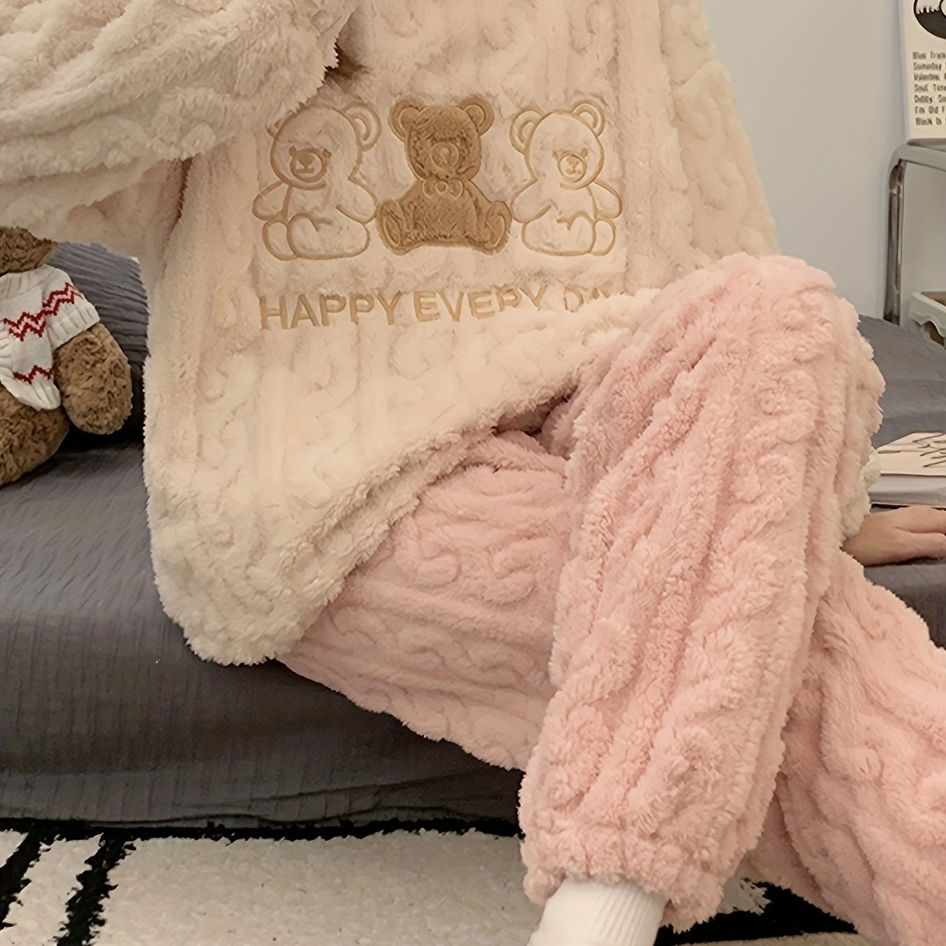 Women's Bear Print Fuzzy Pajama Set with Long Sleeve Top and Pants for Sleepwear and Loungewear