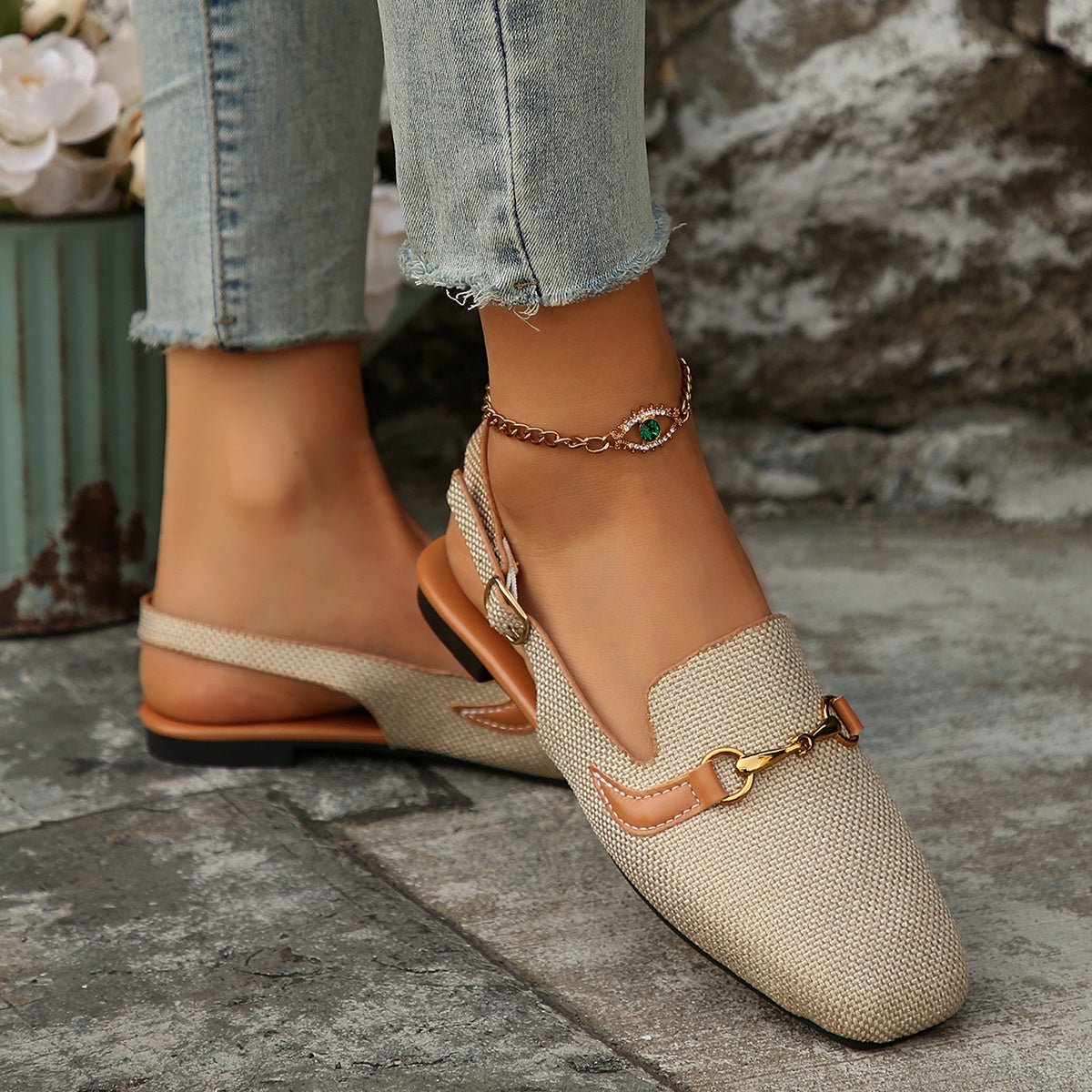 Women's Beige Mary Jane Flats with Buckle Closure Comfortable Square Toe