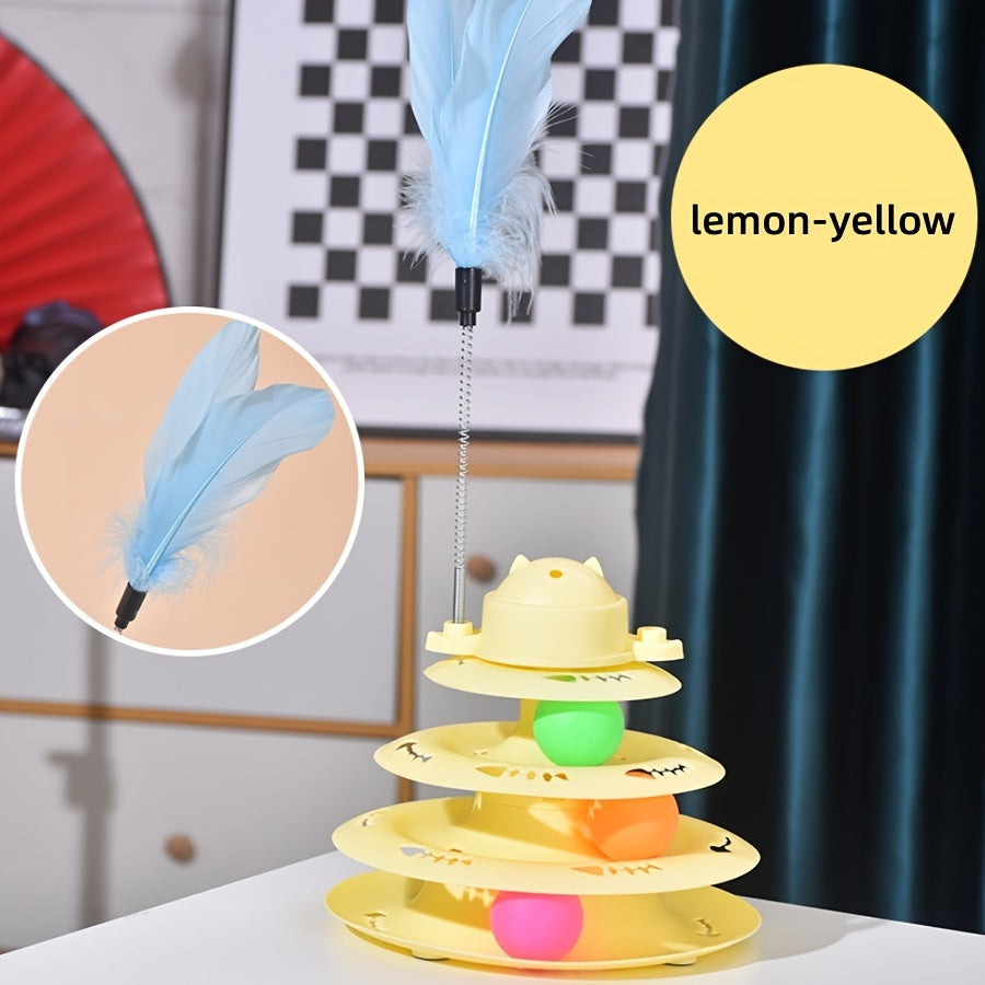 Прочный игровой комплекс для кошек включает вращающиеся шарики, 4-уровневую дорожку, перьевую игрушку и неэлектрический дизайн.