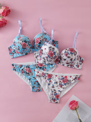 Floral Print Lingerie Bra Set with Steel Ring Detail for Women