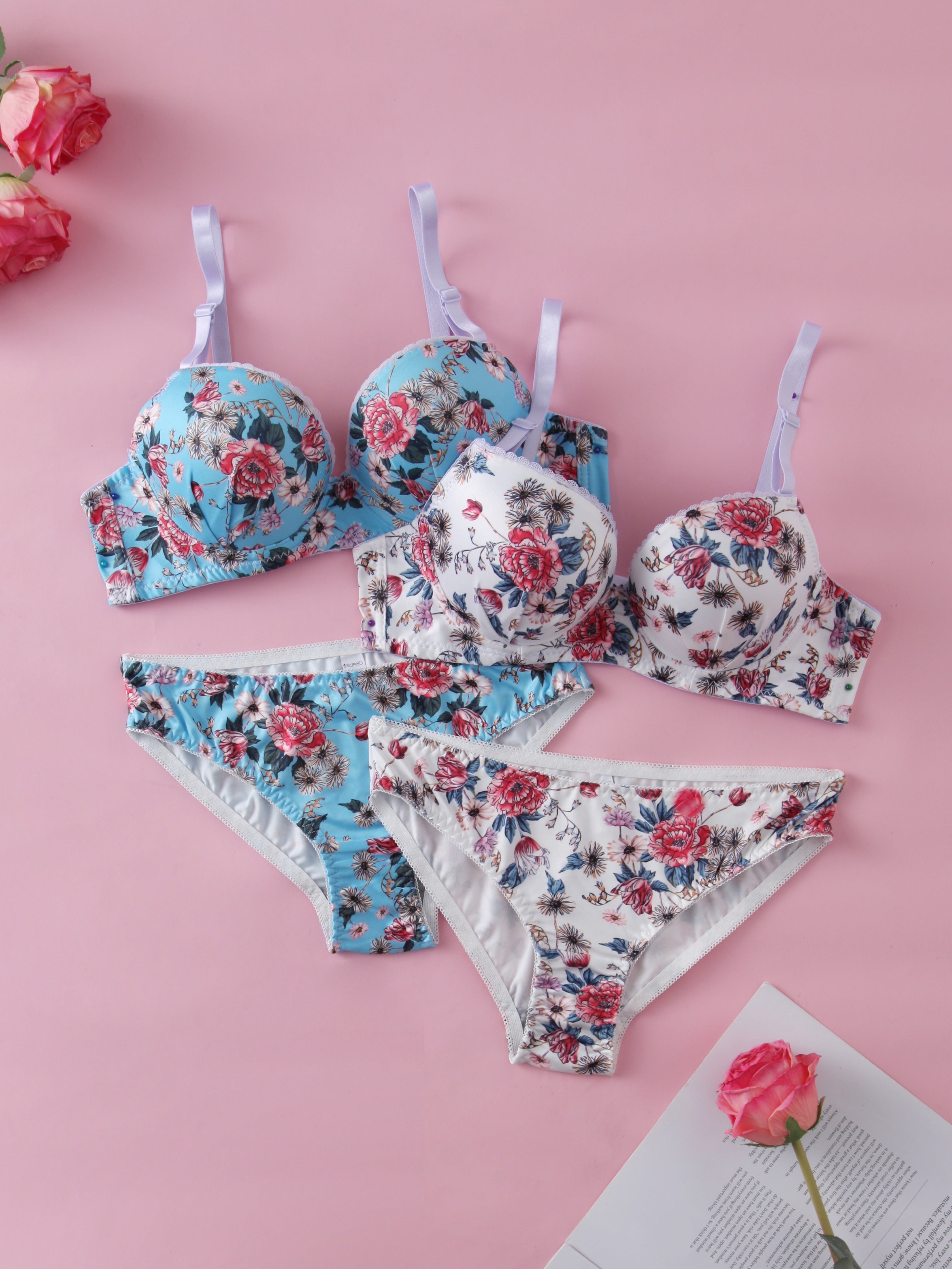 Floral Print Lingerie Bra Set with Steel Ring Detail for Women