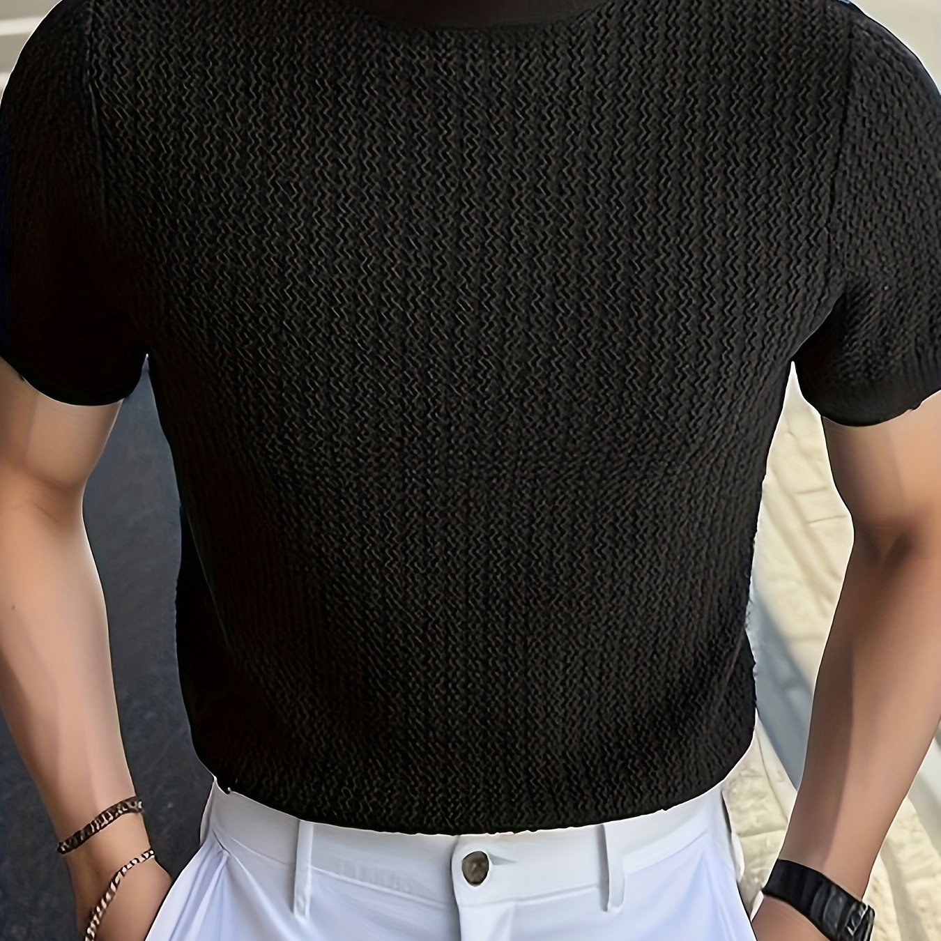 Men's High Neck Knit T-Shirt Short Sleeve Summer Casual Solid Polyester Skinny