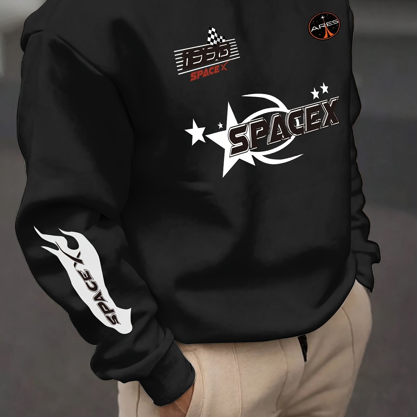 Men's Large Flame Tail Print Sports Hoodie with Long Sleeves and Crew Neck