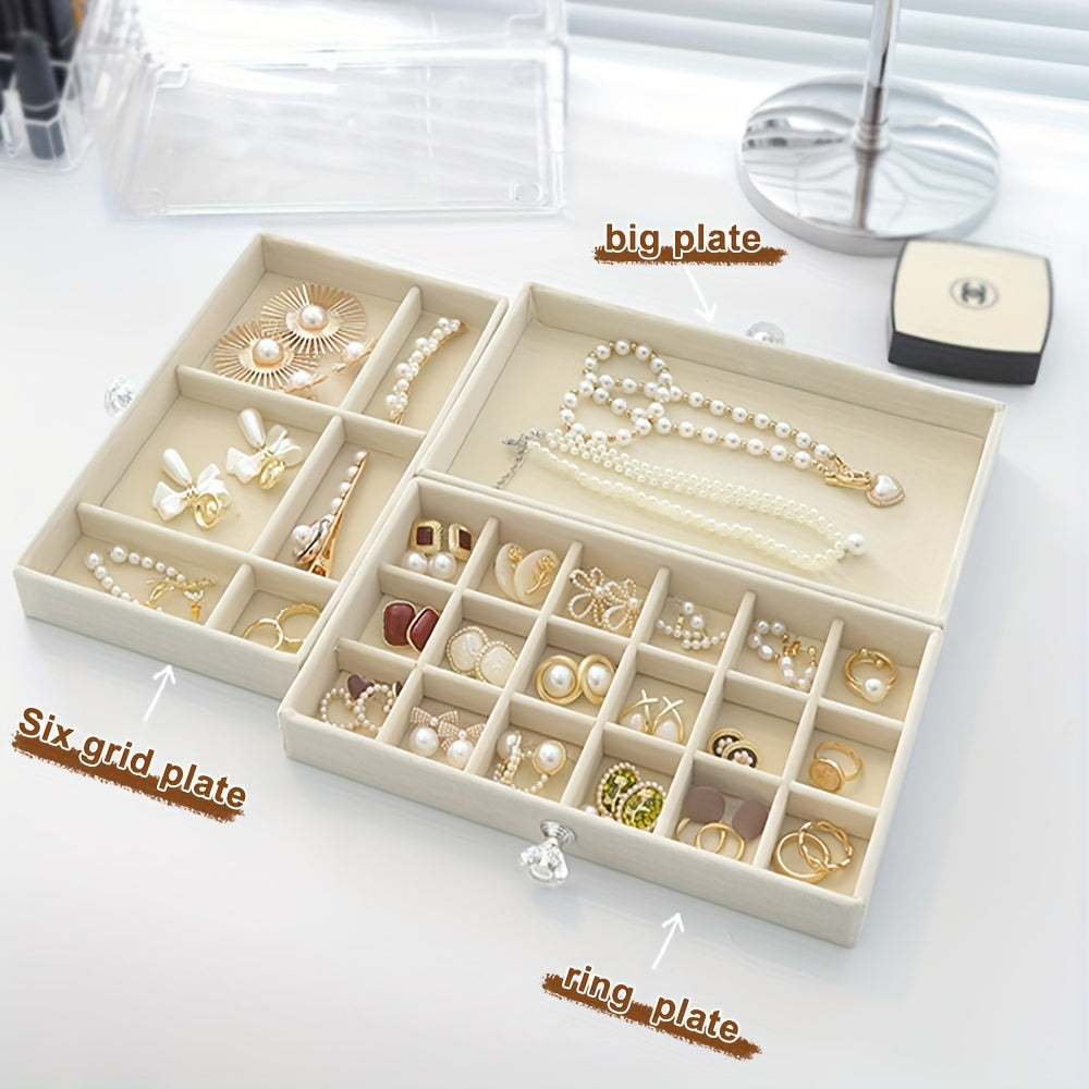 Organizador de joyas de acrílico con cajón de forro suave para collares, pendientes y anillos, azul claro y rosa