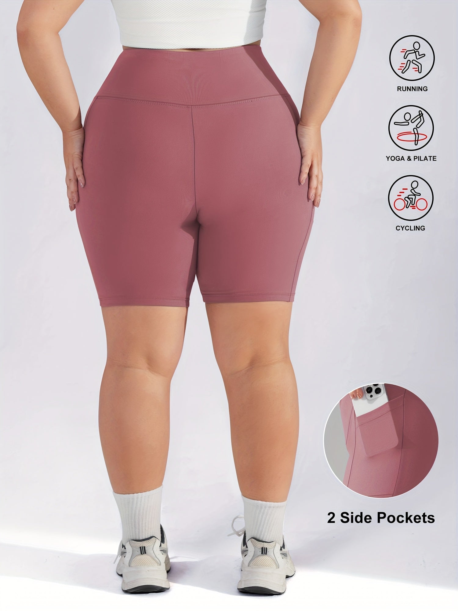 Plus Size Women's High-Waisted Tummy Control Workout Shorts with Pockets