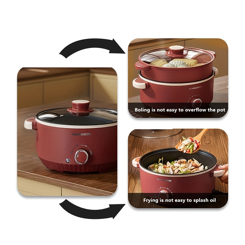 Katta quvvatli elektr hotpot pishirgich, yopishmaydigan ikki qatlamli dizayni, 3 tezlikda sozlanadigan olov kuchi va 220-240V quvvat ta'minoti uchun Yevropa standarti rozetkasi bilan, yotoqxonalarga mos