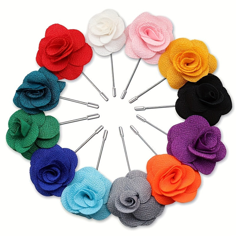 Set of 12 Fabric Flower Brooches in Assorted Colors for Women's and Men's Suit Accessories