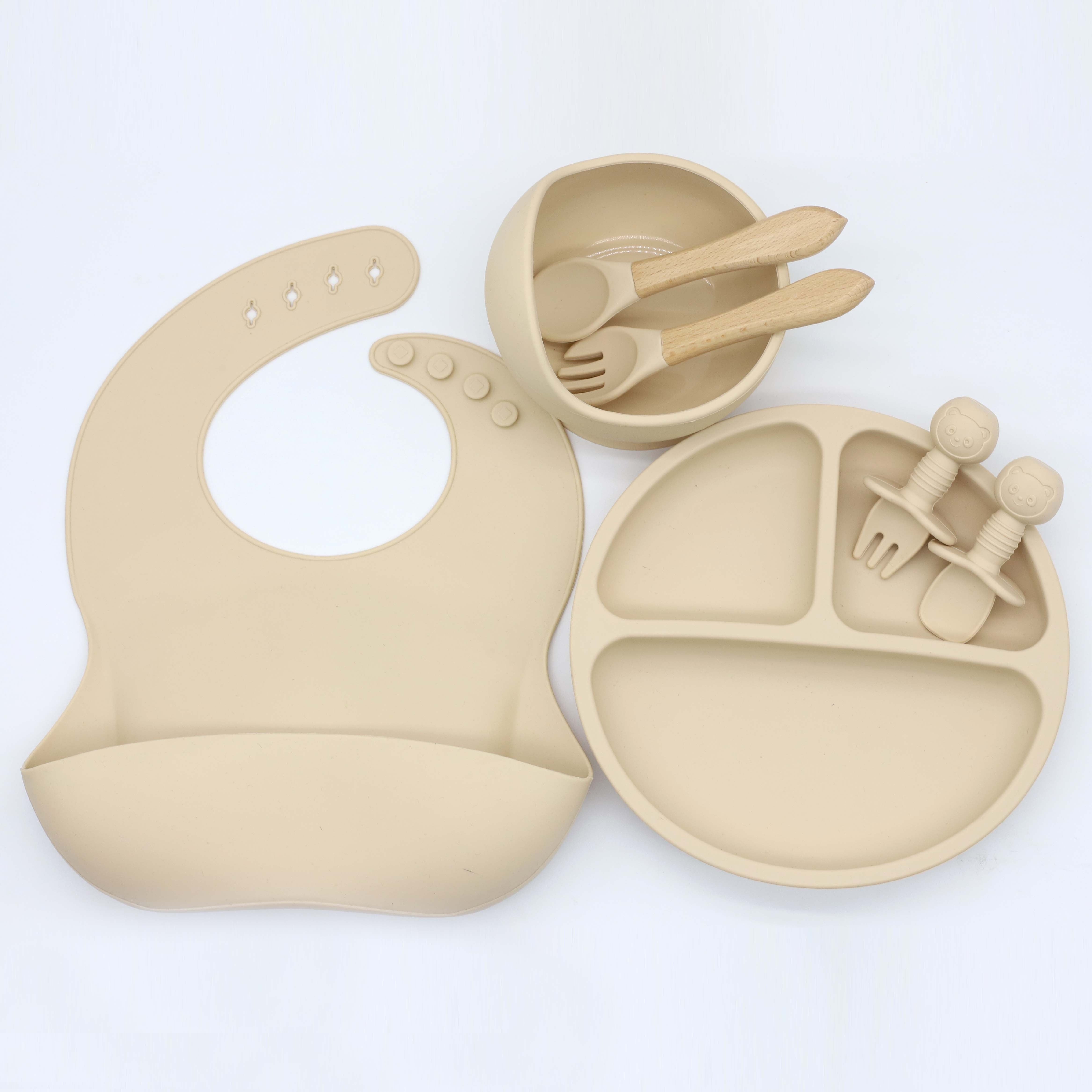 7-Piece Silicone Baby Utensils Set with Bowl Plate and Wooden Handle Spoons Forks Green