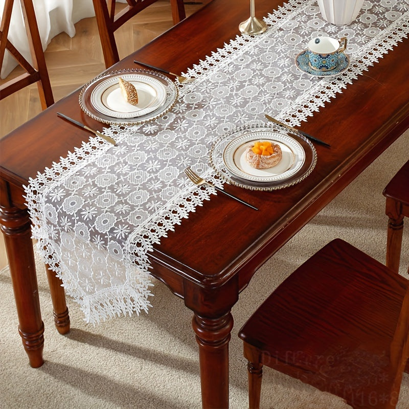 Polyester Table Runner with White Embroidery Flowers and Lace Edge for Dining or Room Decor