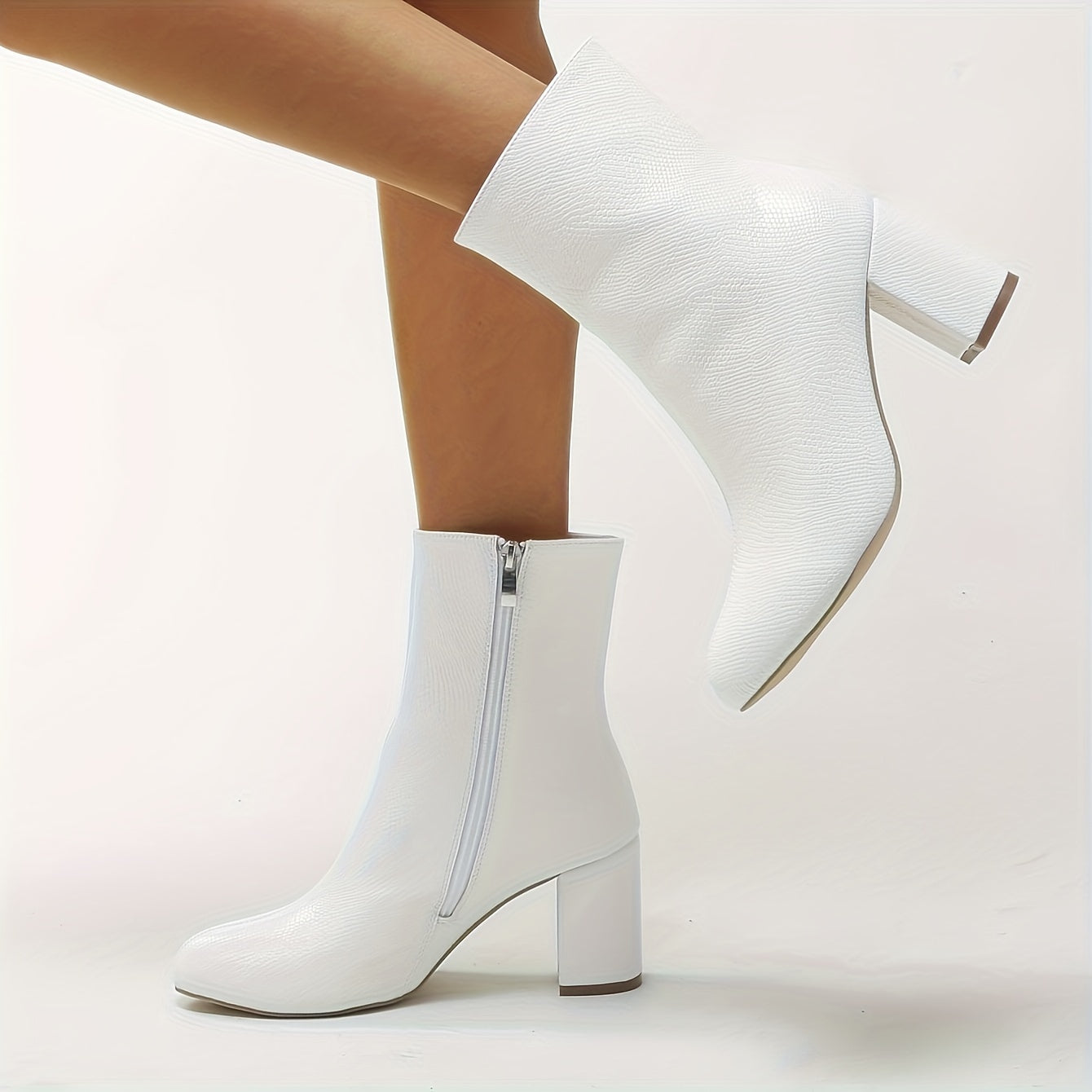 Women's Winter Boots Leather Chunky Heel Side Zipper Plush Lining