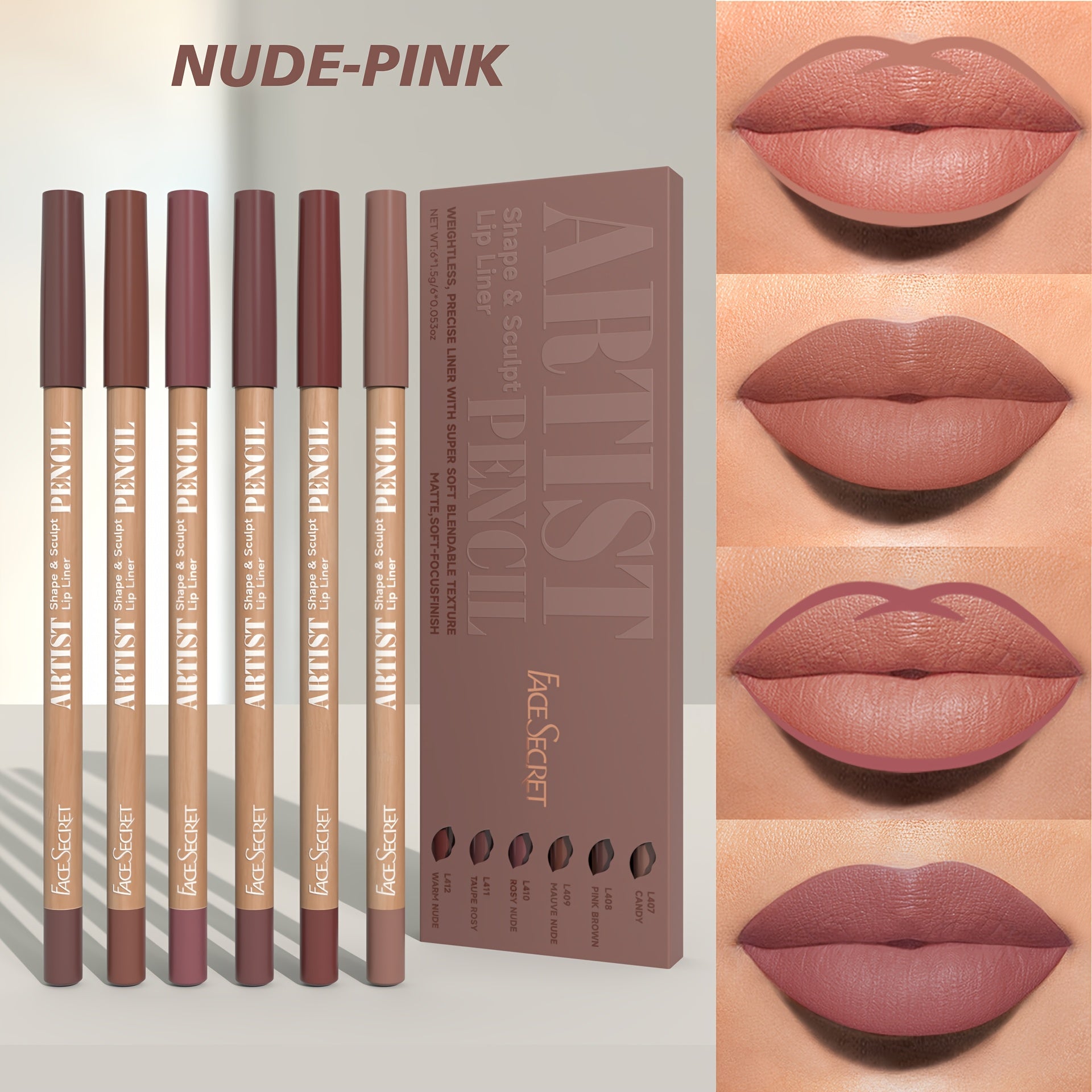 Set of 6 Long-Lasting Matte Lip Liners in 18 Natural Colors