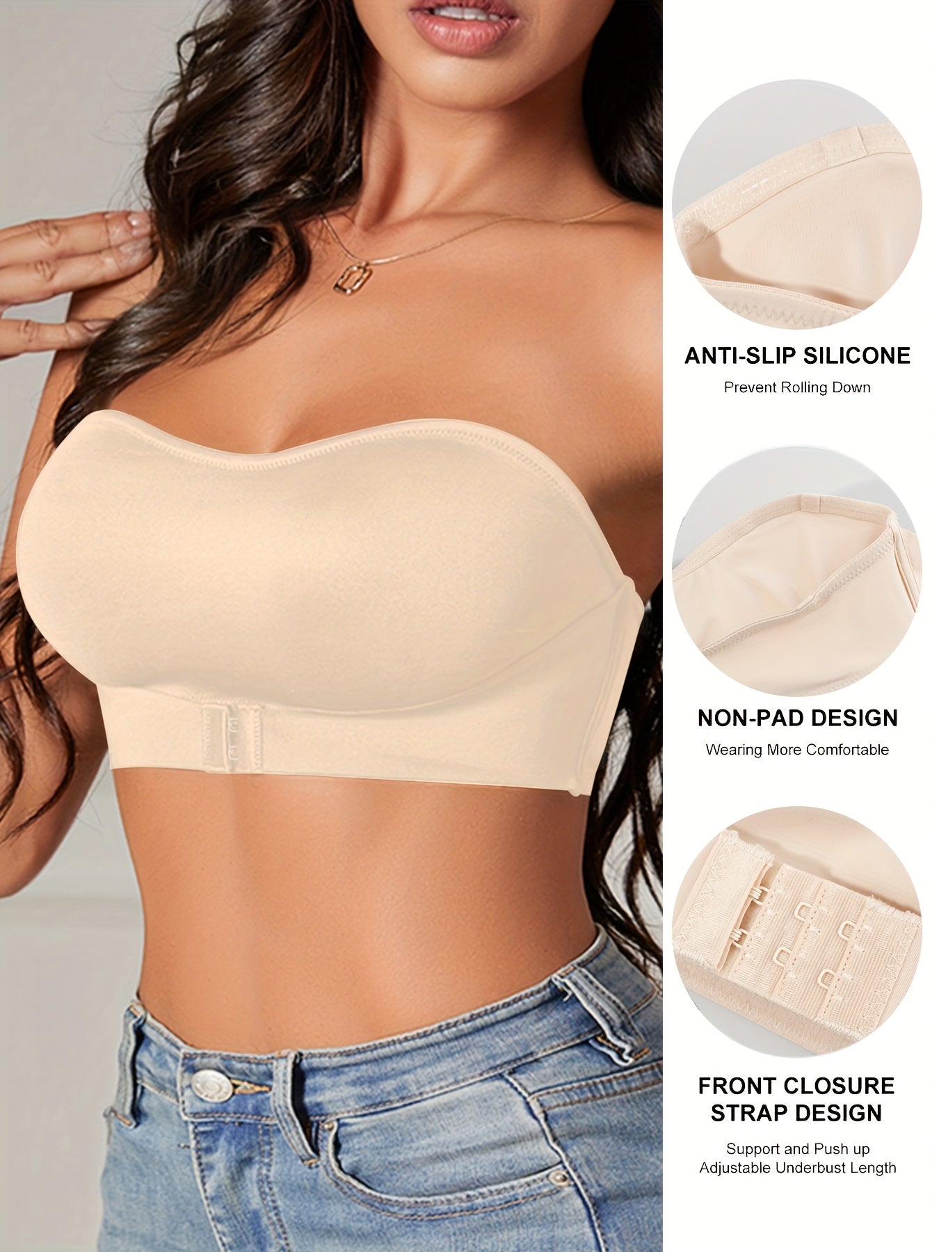 Women's Strapless Bandeau Bra with Removable Pads Breathable Nylon Elastane
