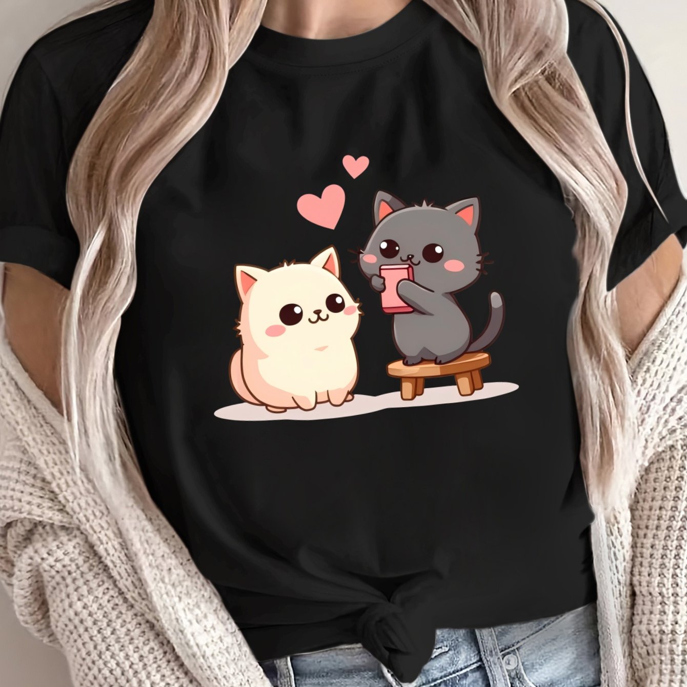 Women's Oversized Polyester T-Shirt with Cat and Heart Graphics, Casual Comfortable Fit
