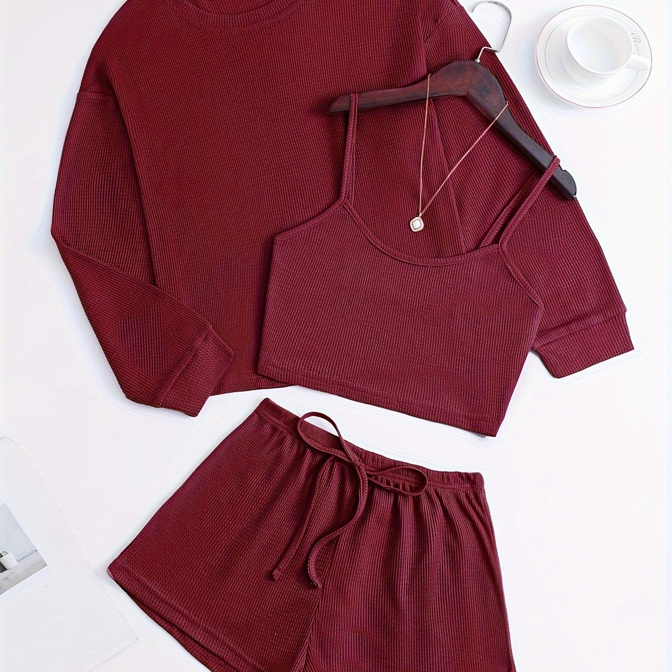 Adult Waffle Knit Pajama Set Three Piece Long Sleeve Casual Winter Fall Solid