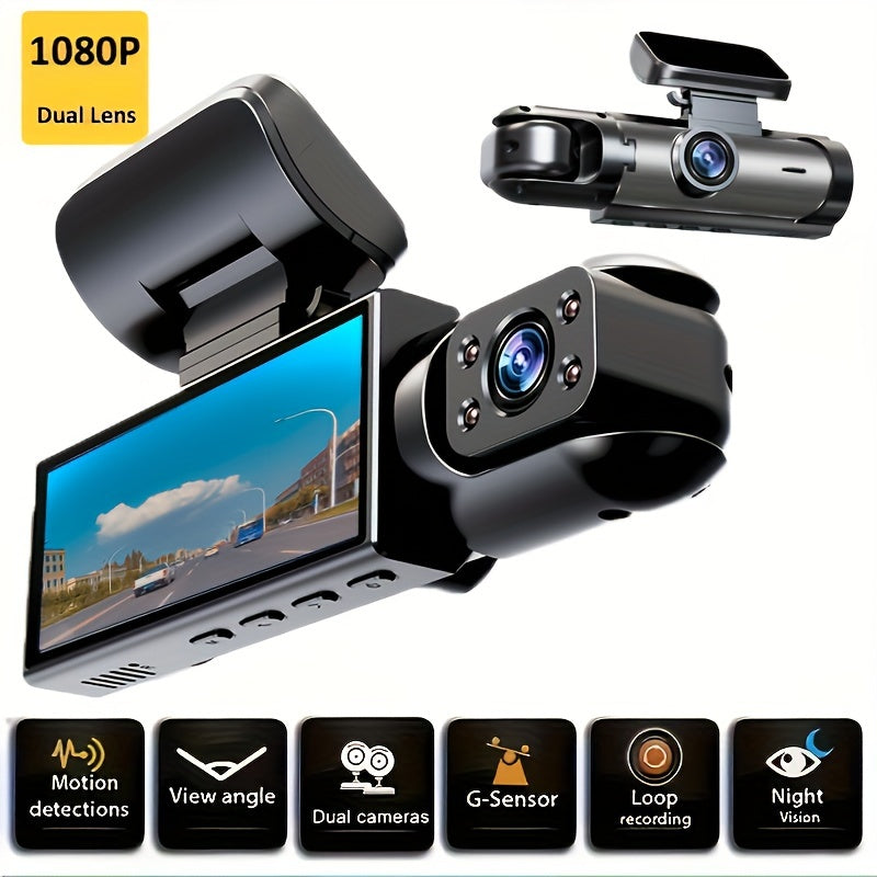 Full HD 1080P Dual-Camera Dash Cam with Night Vision Loop Recording G-Sensor and 64GB Memory Card