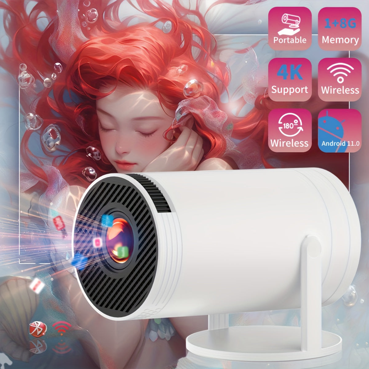 Portable Home Theater Projector White with 5G WiFi and Remote