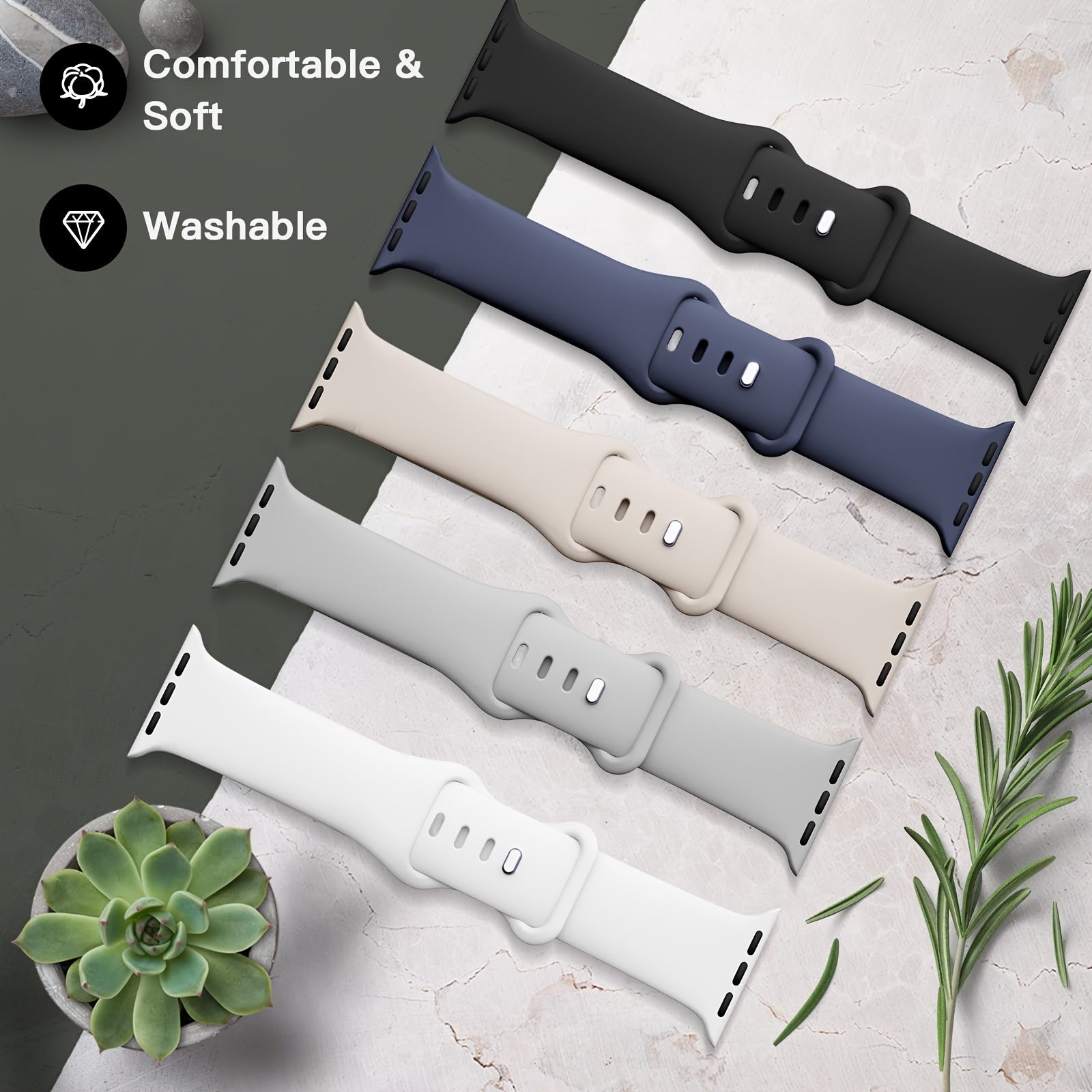 Set of 5 Waterproof Silicone Sport Bands for Apple Watch, Adjustable, Compatible with 38mm to 49mm