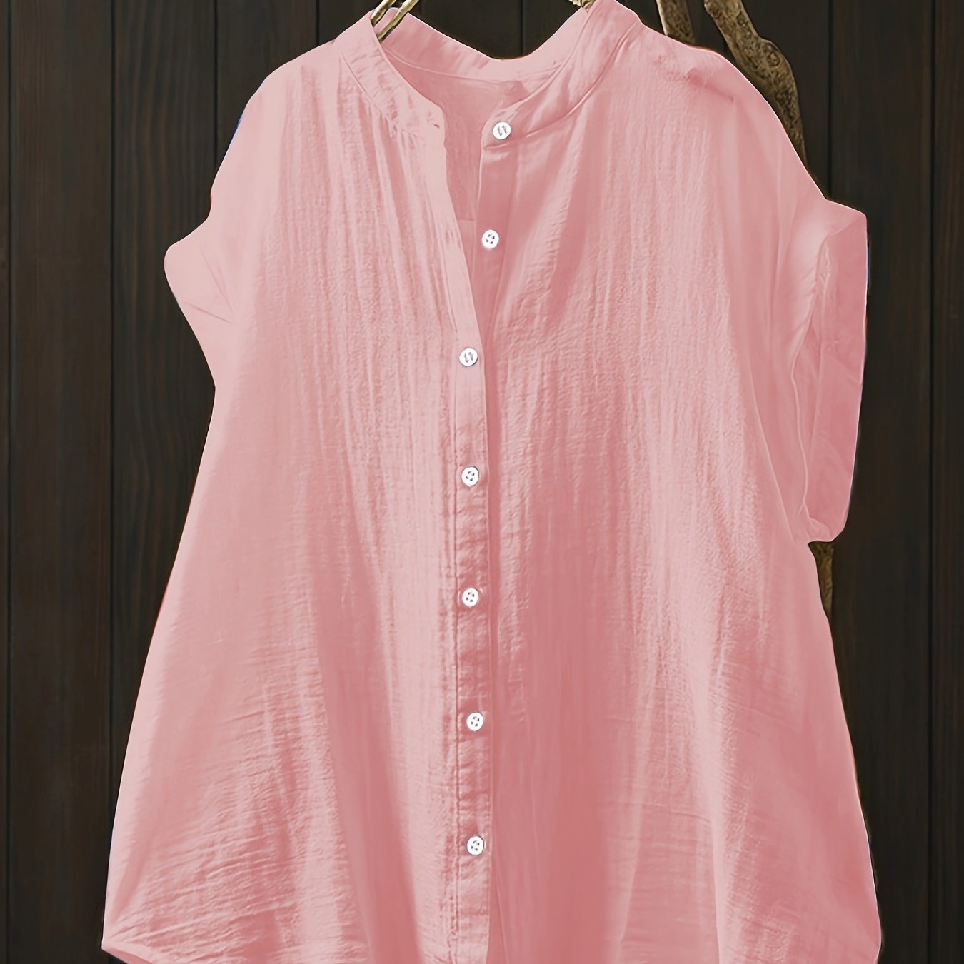 Camisa casual de mujer de talla grande de poliéster a rayas rosas de manga corta con botones