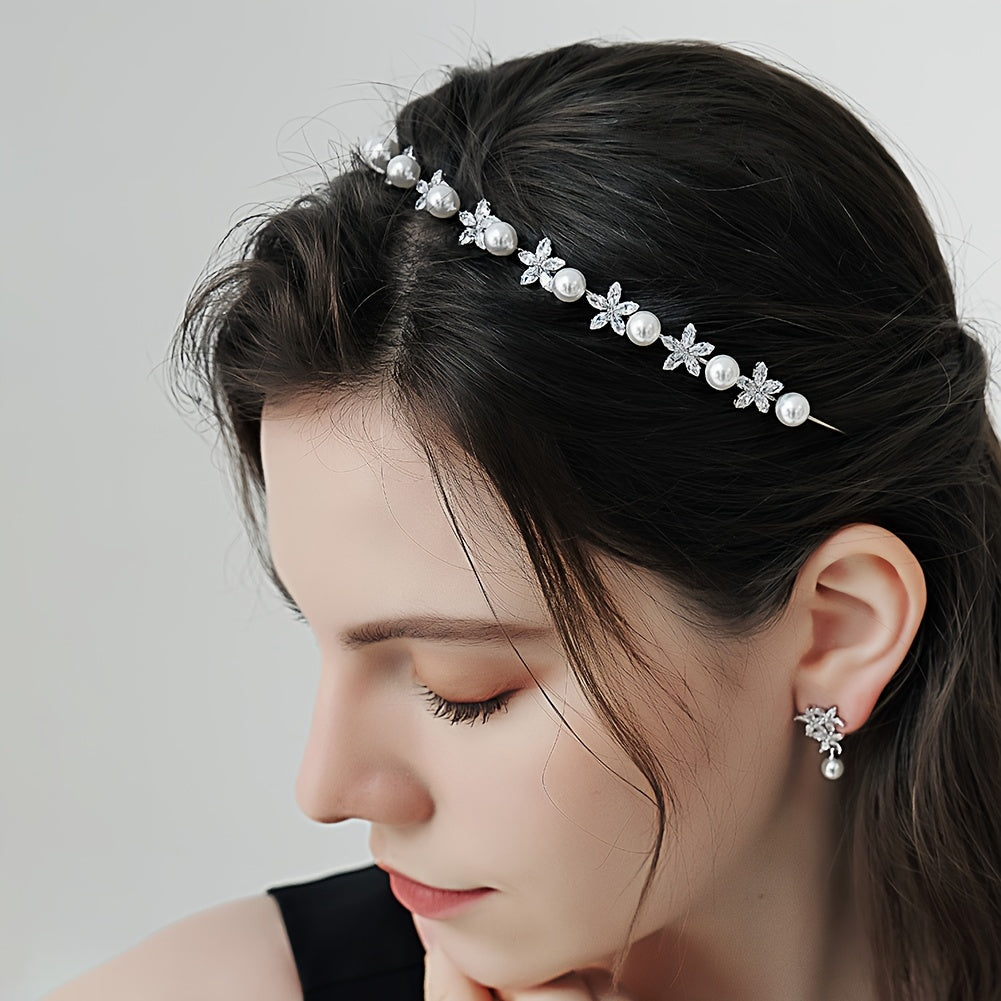 Silvery Rhinestone Crystal Hairband with Faux Pearls for Bridal Parties Weddings