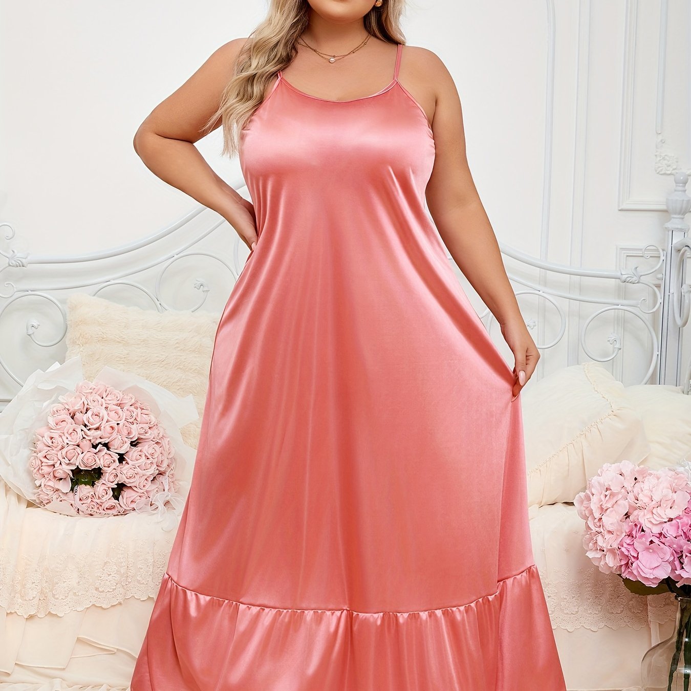 Women's Plus Size Satin Sleep Dress with Ruffle Hem and Round Neck
