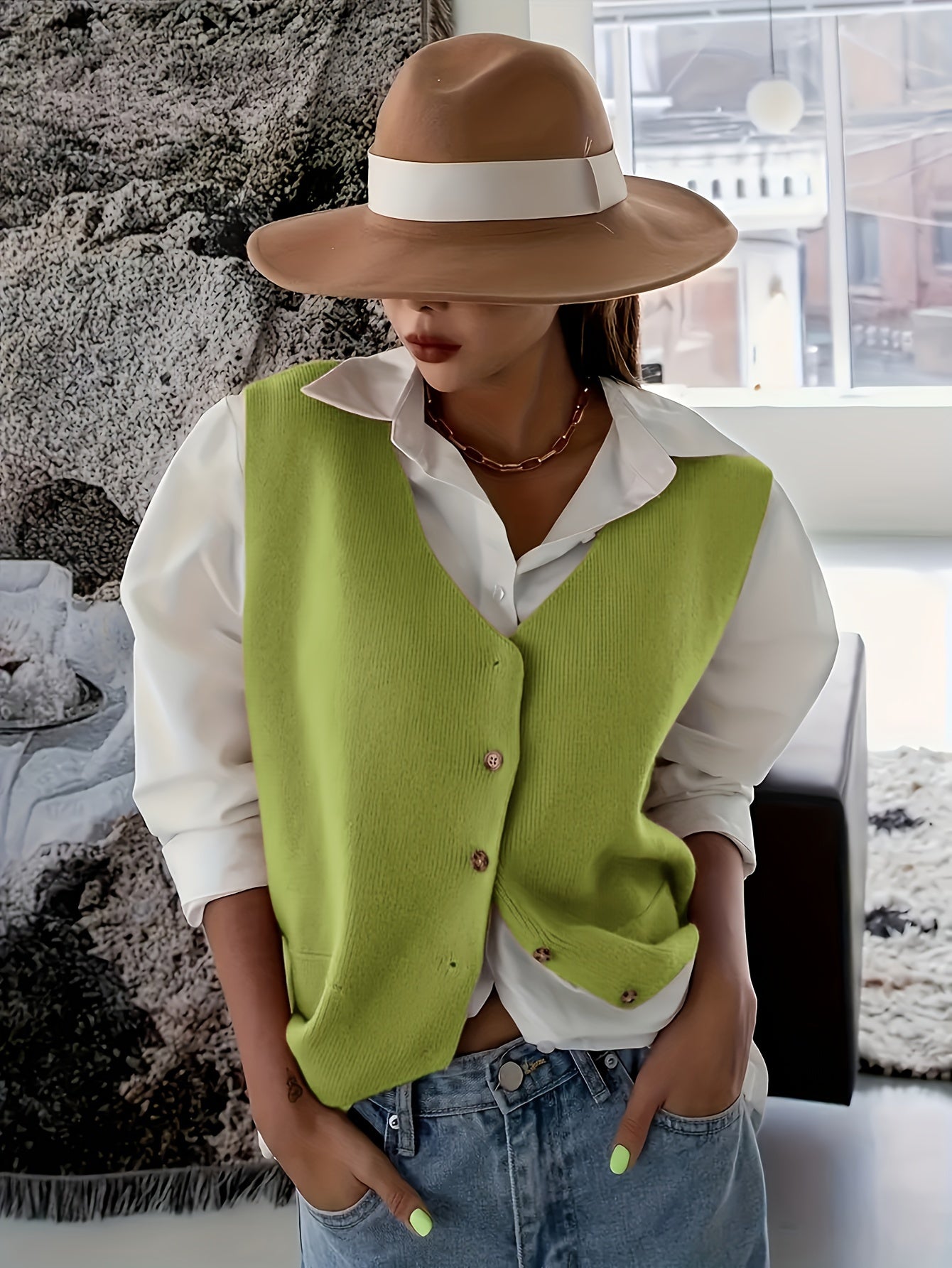 Women V-Neck Knit Cardigan Polyester Solid Color Fall Winter Coat