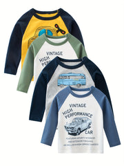 Set of 4 Boys Vintage Car Print Cotton T-Shirts Casual Kids Clothing