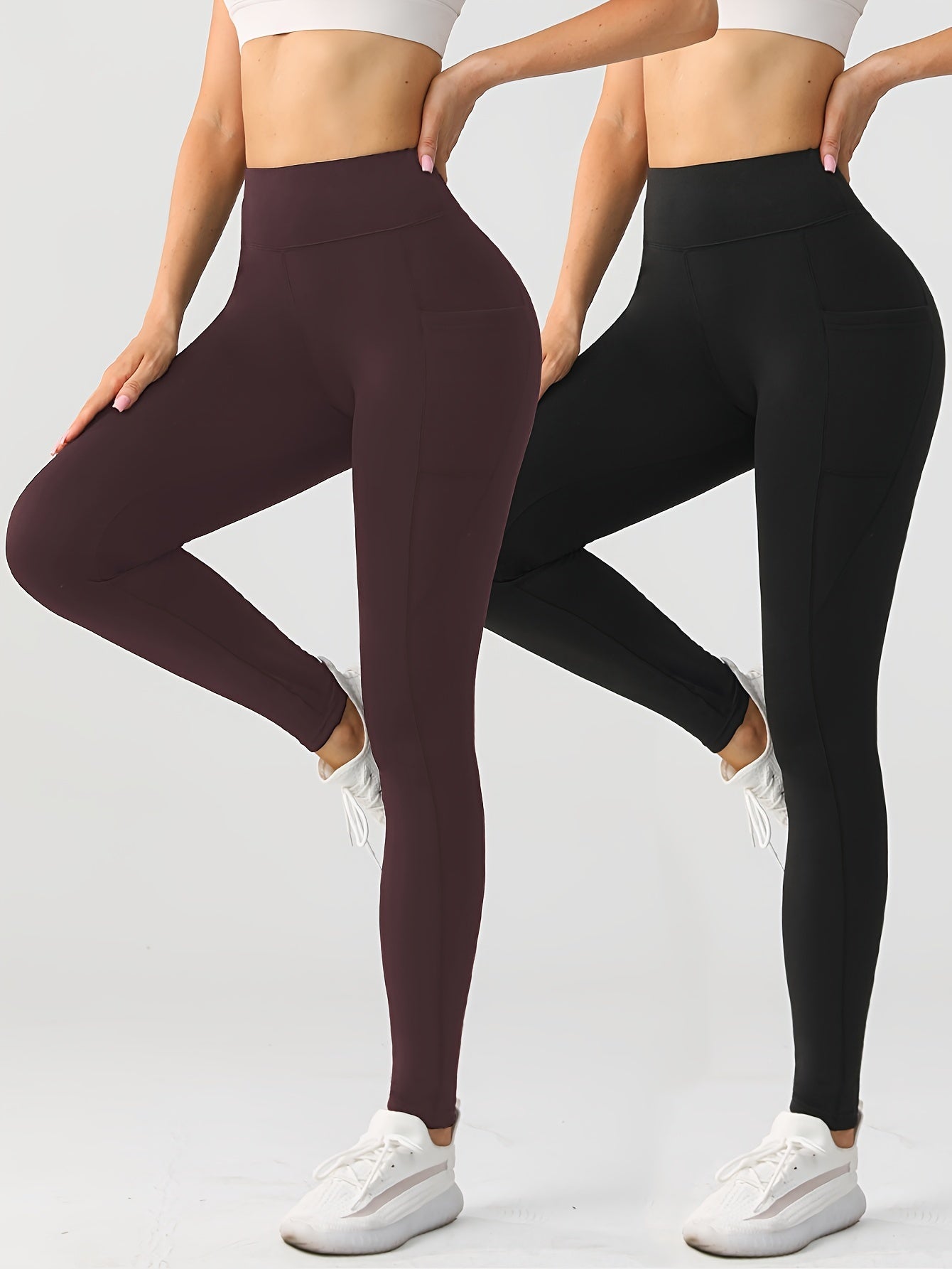 Women's Plus Size High Waist Yoga Pants Polyester Knit Skinny Tights with Pockets