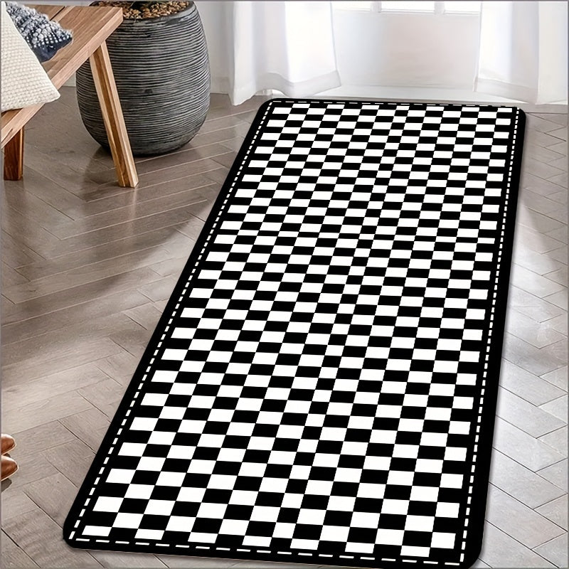 Qora va oq rangli tekislikli oshxona gilami, sirgʻalmas, dogʻga chidamli, singuvchi pol matosi