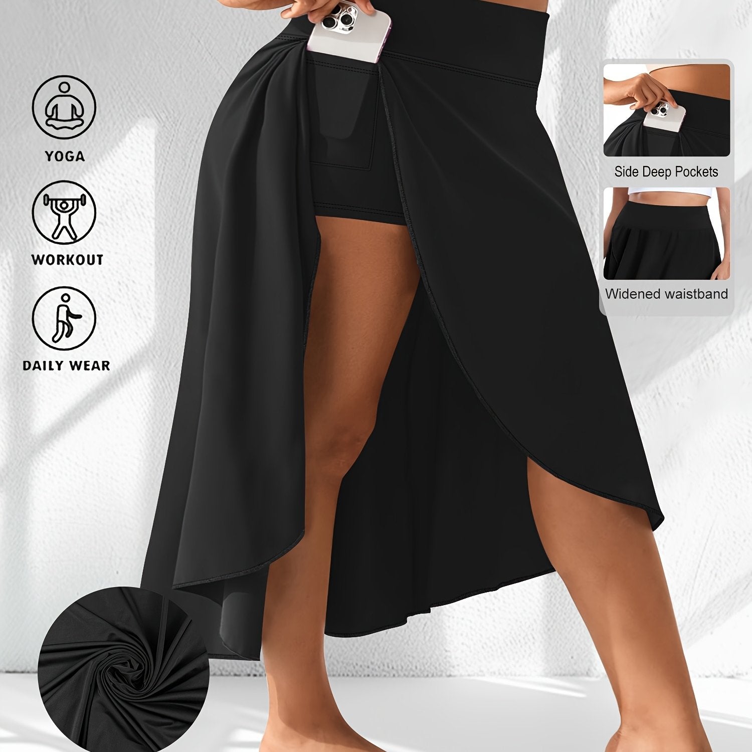 Plus Size Silky High-Waisted A-Line Skirt with Slit and Pockets for Women