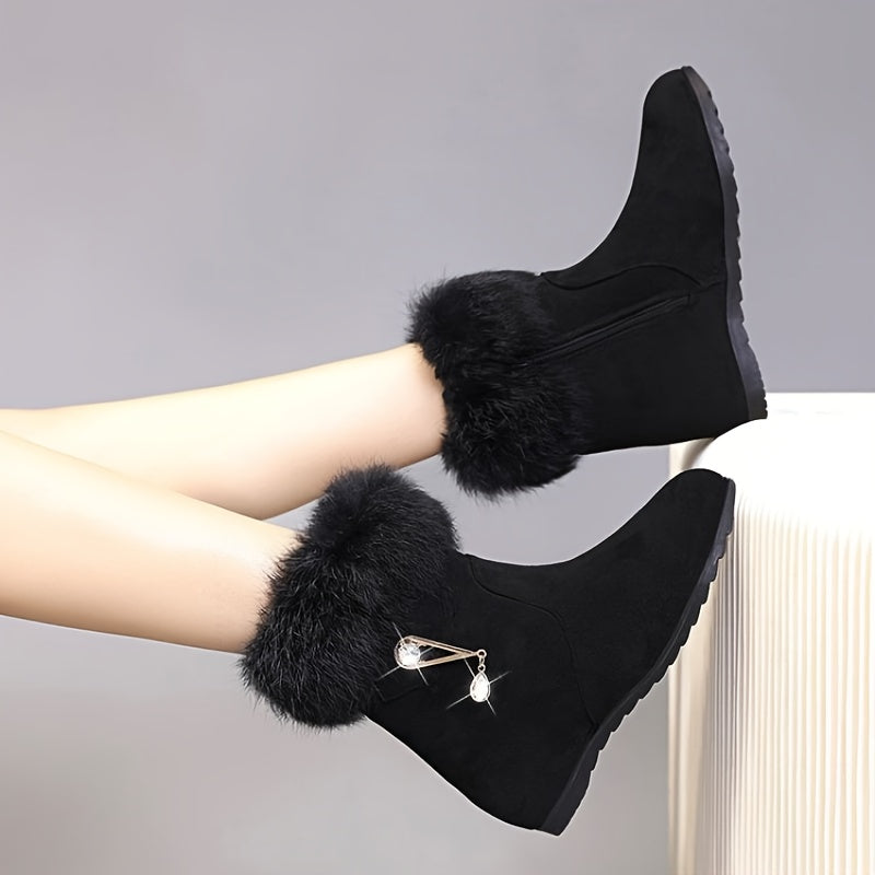 Women's Wool Winter Snow Boots Fleece-Lined Mid-Calf with Rhinestones