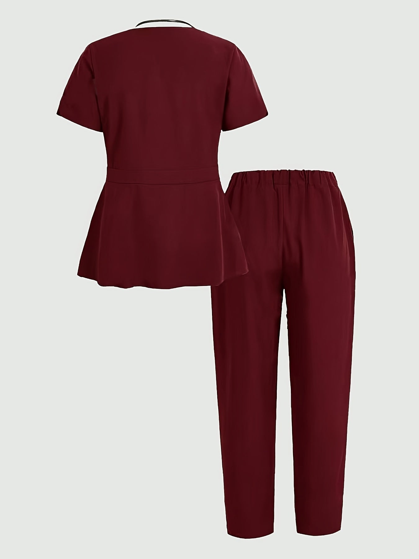Women's Solid Color Polyester Scrub Set with Collarless Design Short Petal Sleeves and Zipper