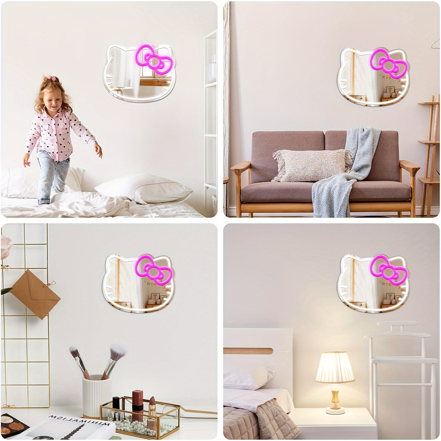 Hello Kitty Neon Sign Mirror with Dimmable LED Light for Bedroom Living Room Kid's Room