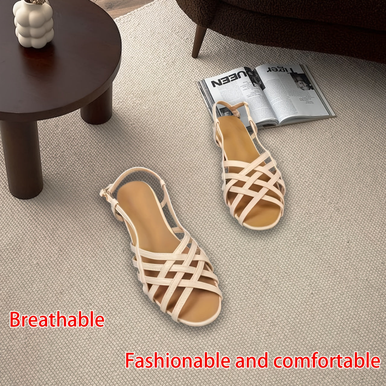 Women's Woven Flat Sandals Open-Toe Roman Style Adjustable Buckle Breathable Microfiber