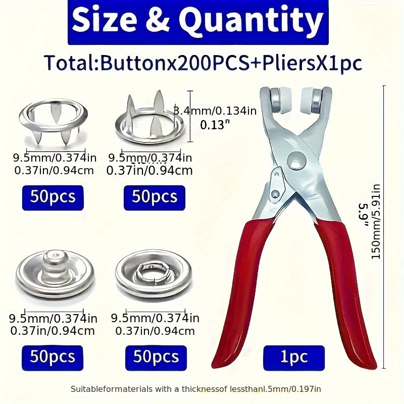 200 Metal Sewing Buttons and Snap Fastener Pliers Set for Clothes Buckle Installation