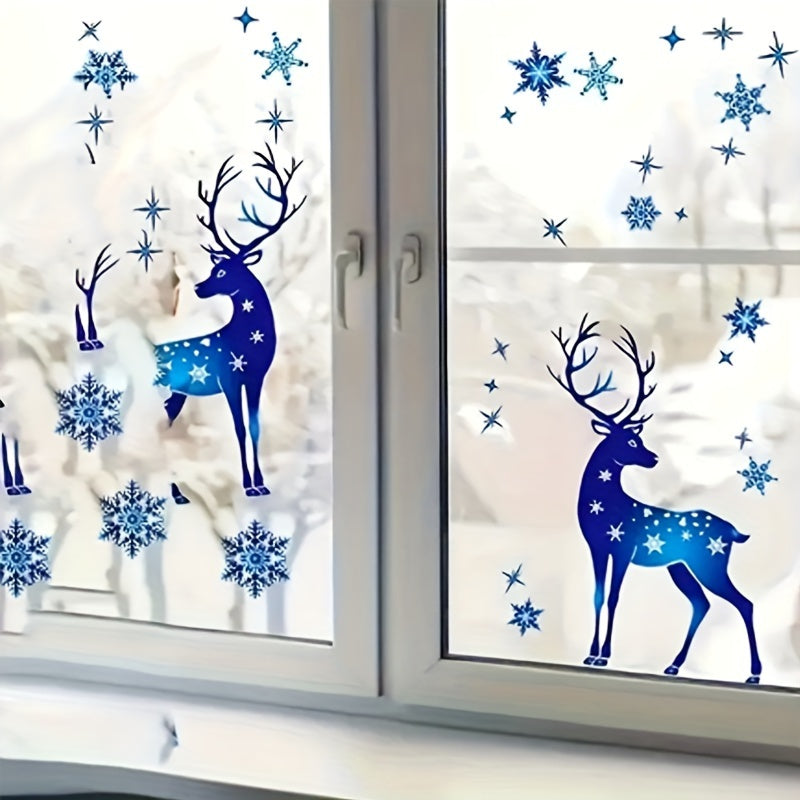 Christmas Window Decorations Set 5 Pieces Blue Snowflake and Deer Stickers Removable