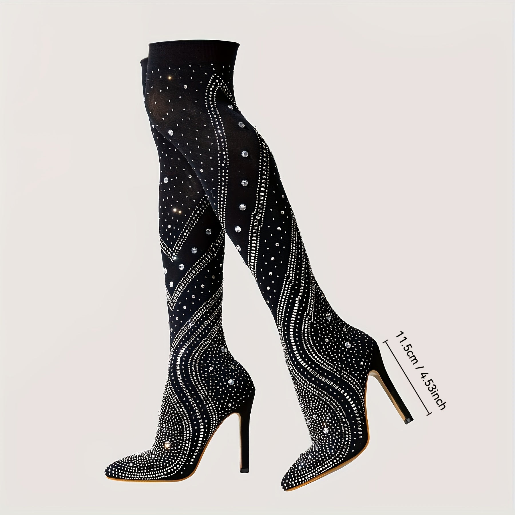 Women's Stretch Mesh Over-the-Knee Boots with Rhinestones and Stiletto Heels