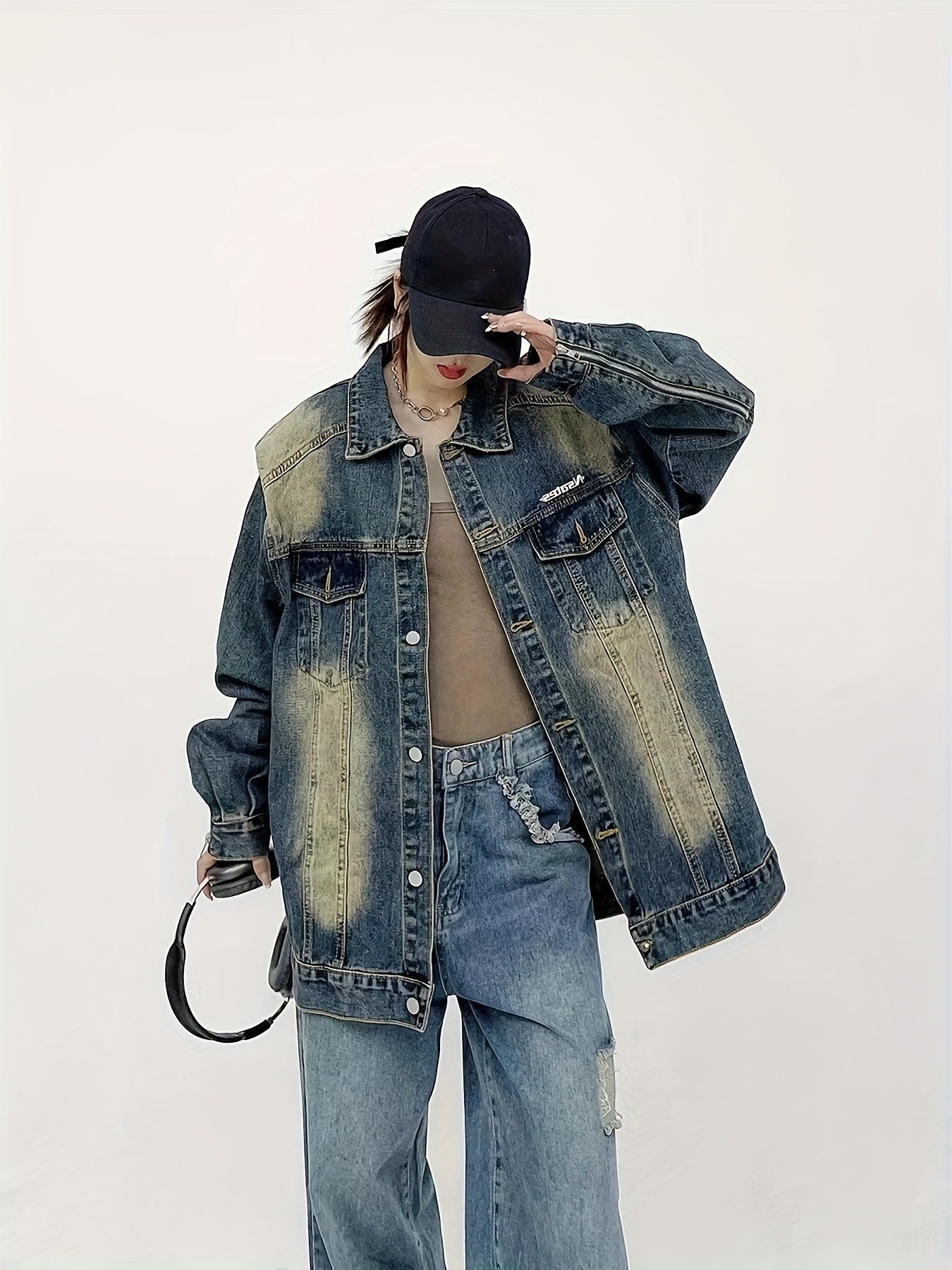 Women's Denim Jacket with Shoulder Pads Loose Fit Washed Blue Casual Outerwear