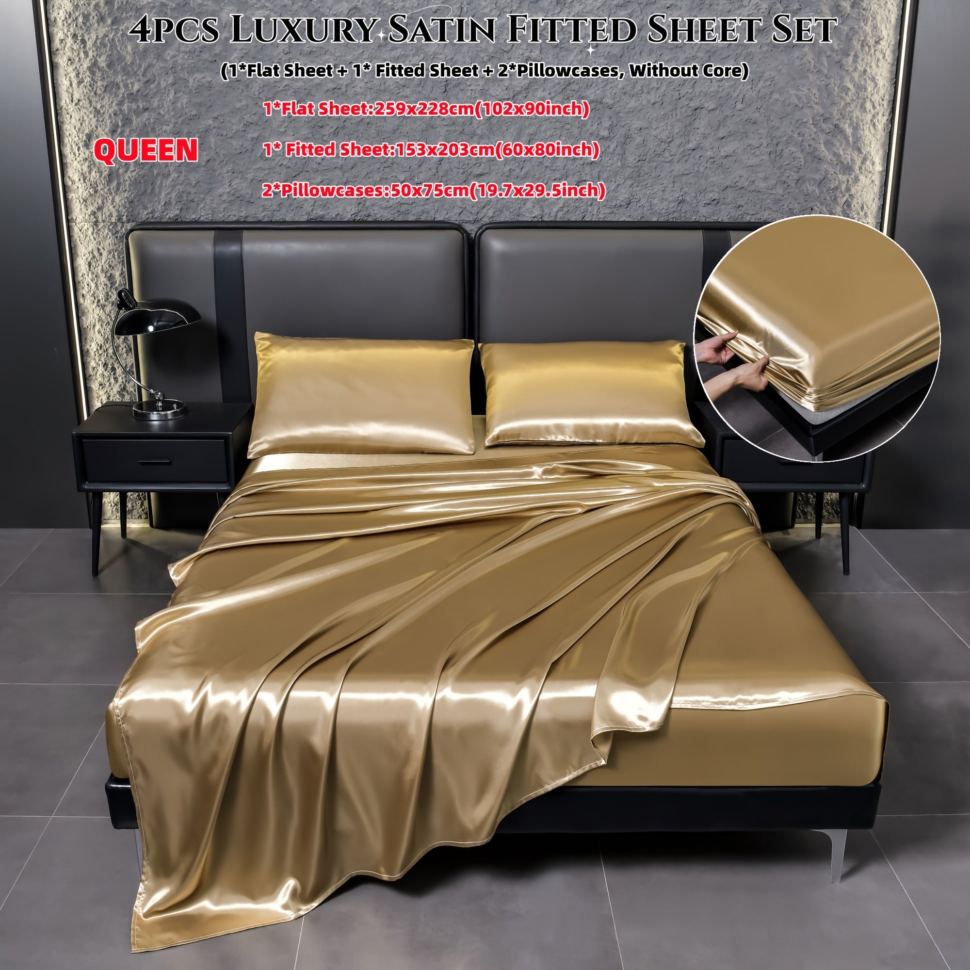 Juego de sábanas de satén de 4 piezas, reversible, transpirable, antideslizante, de color sólido para dormitorio, invitados, hotel