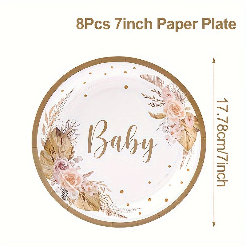 Boho Baby Shower Tableware Kit for 8 Floral Paper Plates Napkins Cups