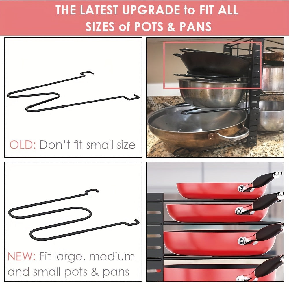 Adjustable 8-Tier Iron Pot and Pan Organizer Rack for Kitchen Cabinets in Red and Black