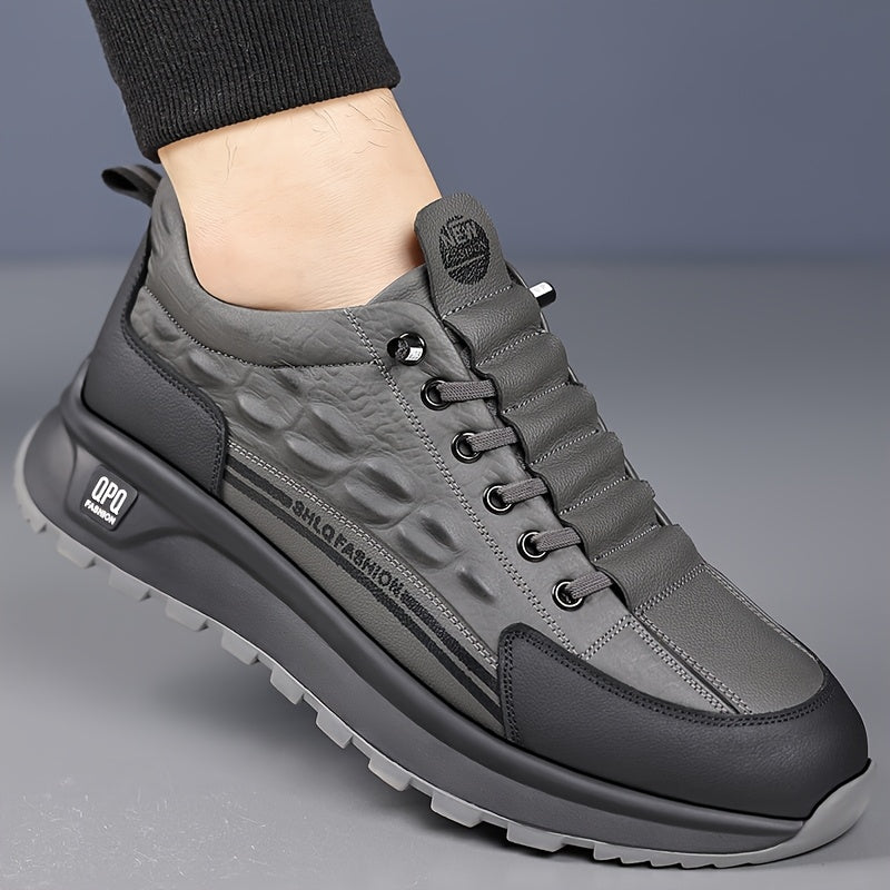 Men's Leather Casual Sneakers Black Gray Crocodile Pattern Rubber Sole Lace-Up Low Top