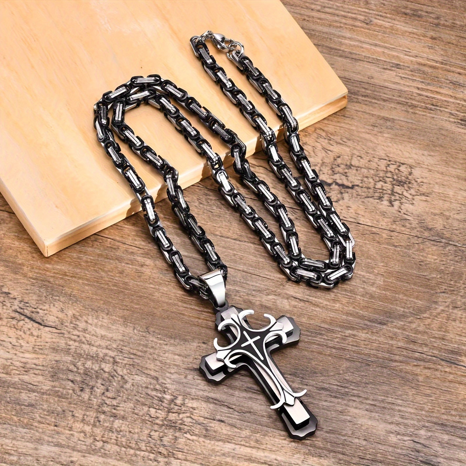 Men's Byzantine Necklace Stainless Steel Cross Pendant Double Layer Jewelry
