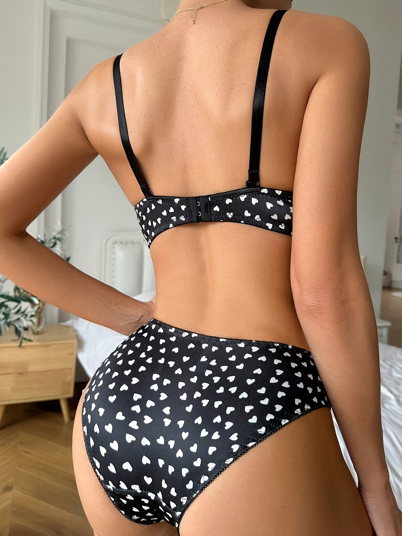 Black Polka Dot Heart Print Bikini Set for Women Polyester Blend Swimsuit