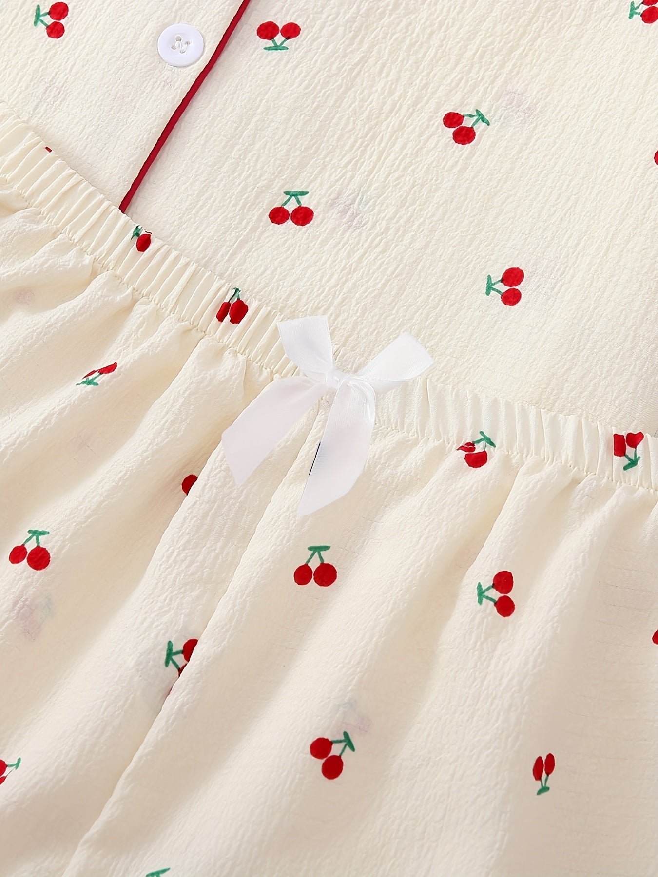 Women's Cherry Print Pajama Set with Lapel Button Top and Bow Shorts for Sleepwear and Loungewear