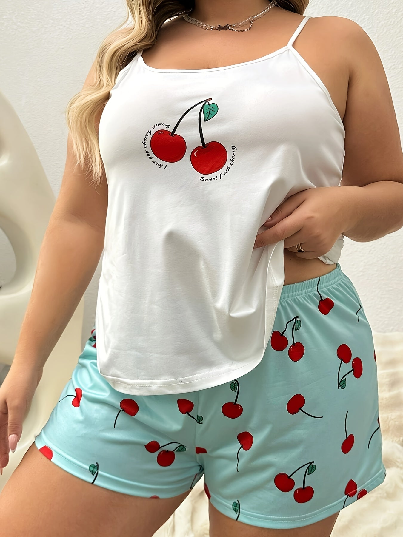 Women's Plus Size Cherry Print Cami and Shorts Pajama Set Polyester Blend