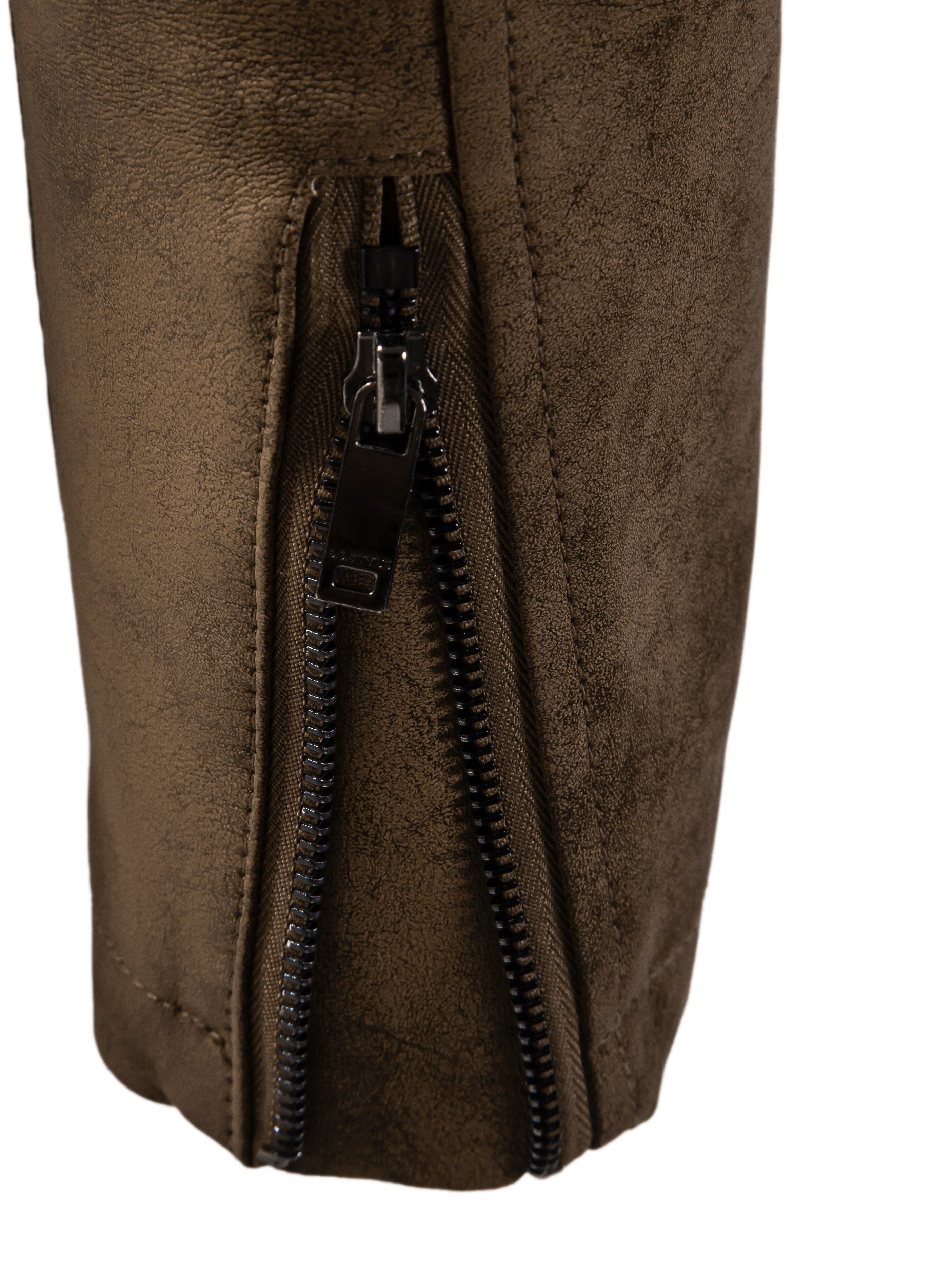 Erkaklar uchun vintage uslubidagi sun'iy charm kurtka, turli xil yenglar, zip-up yopilishi va polyester astar bilan.