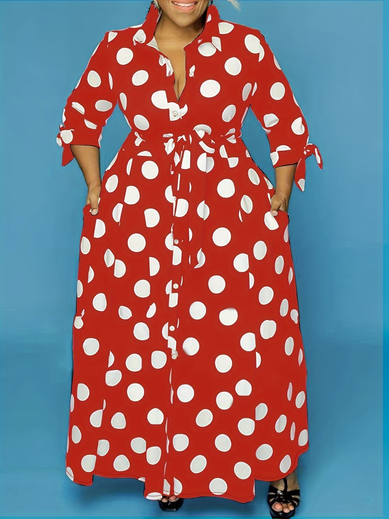 Plus Size Women's Polka Dot Maxi Dress with Collared Button Front and Belt
